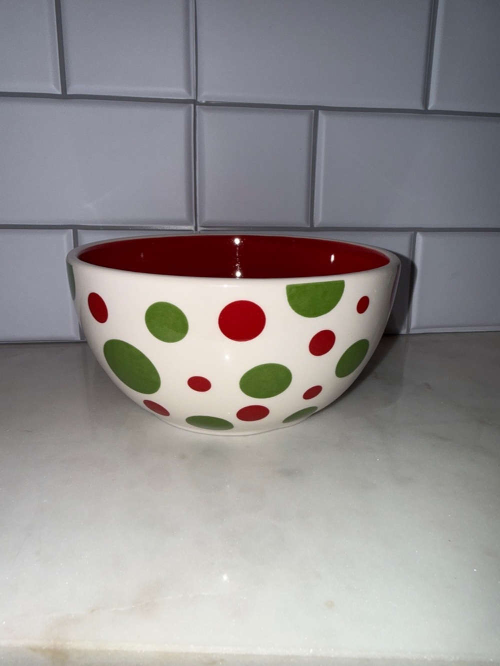 Festive Red & Green Polka Dot Ceramic Bowl